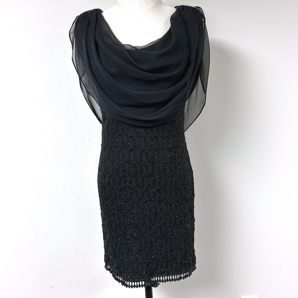 Vintage Legends Black Beaded Cocktail Dress 10 Chiffon Cowl Draped Whimsigoth